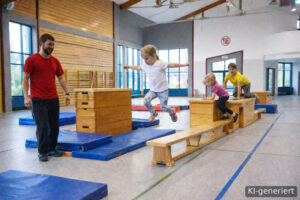 KI-generiertes Bild: Kinder beim Parkour in einer Turnhalle