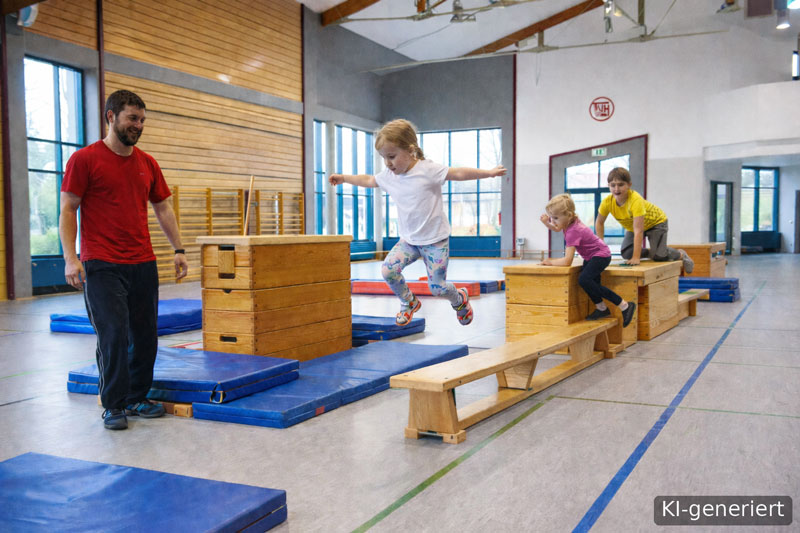 KI-generiertes Bild: Kinder beim Parkour in einer Turnhalle