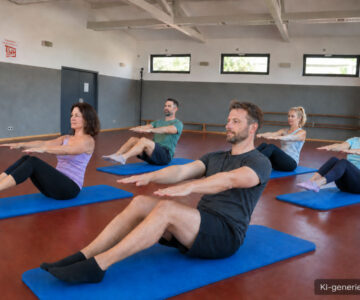 KI-generiertes Bild: Erwachsene beim Pilates-Training auf blauen Matten in der Sporthalle des TV Hailer.