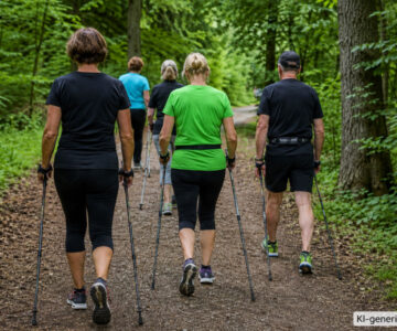 KI-generiertes Bild: Eine Gruppe Erwachsener beim Nordic Walking auf einem Waldweg, von hinten aufgenommen.