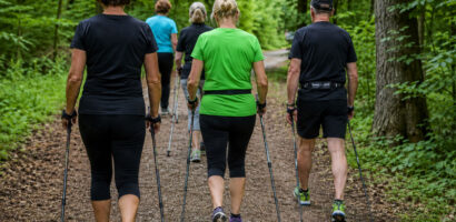 KI-generiertes Bild: Eine Gruppe Erwachsener beim Nordic Walking auf einem Waldweg, von hinten aufgenommen.