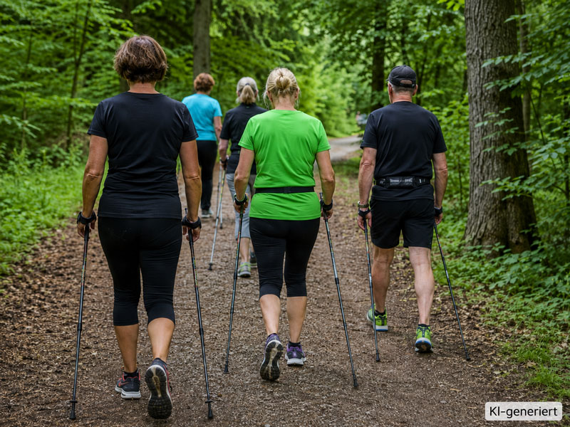KI-generiertes Bild: Eine Gruppe Erwachsener beim Nordic Walking auf einem Waldweg, von hinten aufgenommen.